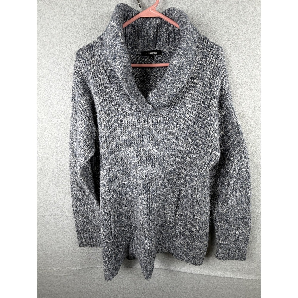 Relativity‎ Sweater Womens Large Gray Cowl Neck Chunky Knit Long Sleeve Pockets